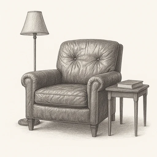 An armchair, a reading lamp and one book