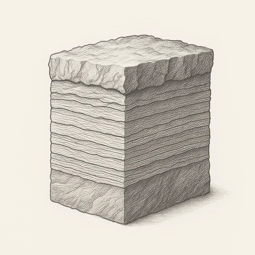 A rock face in cross-section, strata to the base