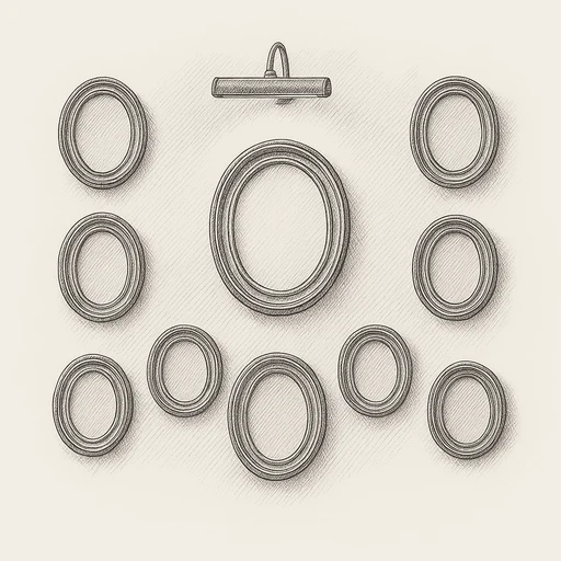 A gallery wall of empty oval frames, one lit