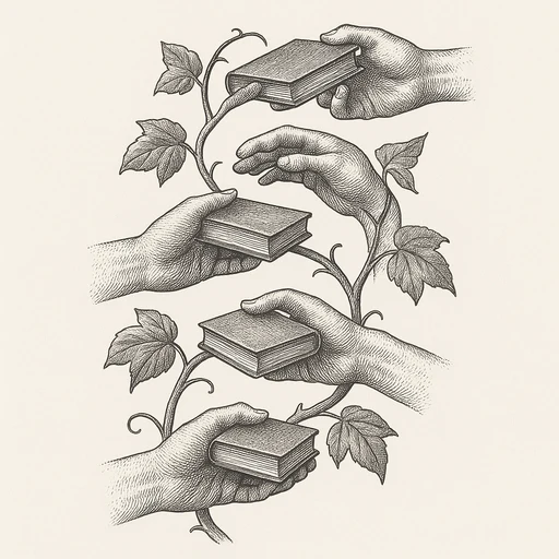 A vine of hands, each passing a book to the next