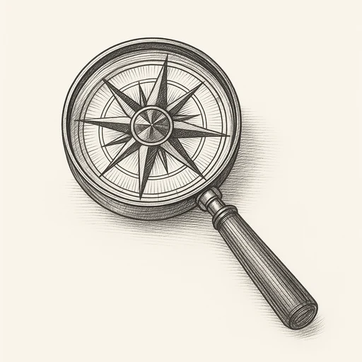 A compass rose under a magnifying glass