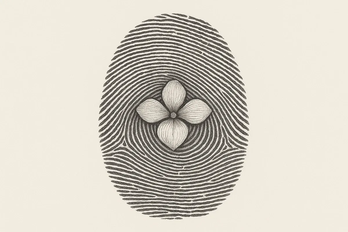 A fingerprint whose ridges resolve into the four-petalled bloom
