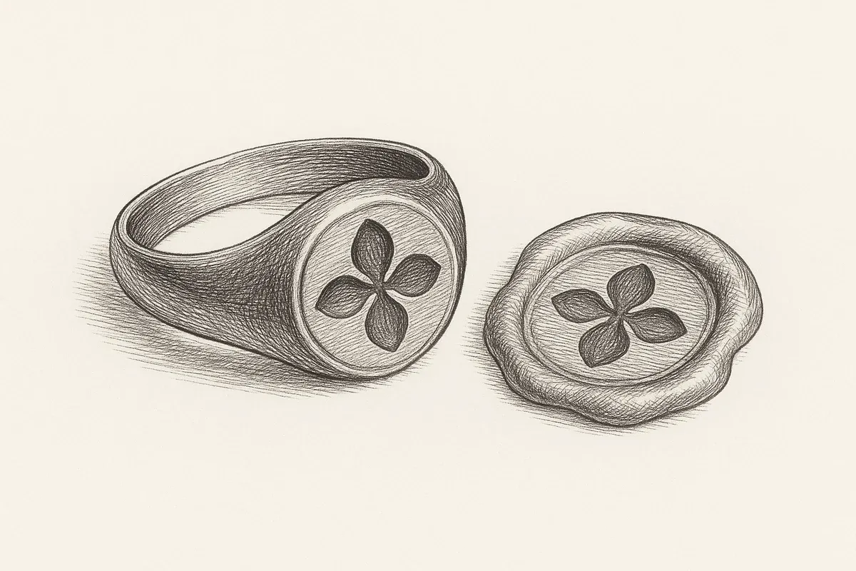 A signet ring beside its wax impression