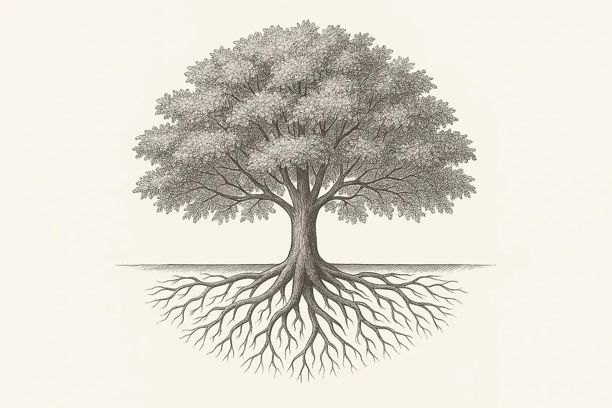 A tree in leaf with its roots exposed to the same depth