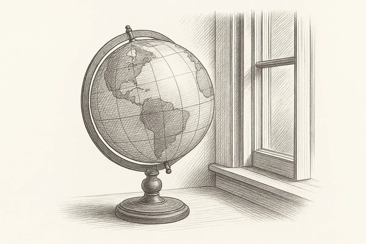 A globe on a stand beside an open window