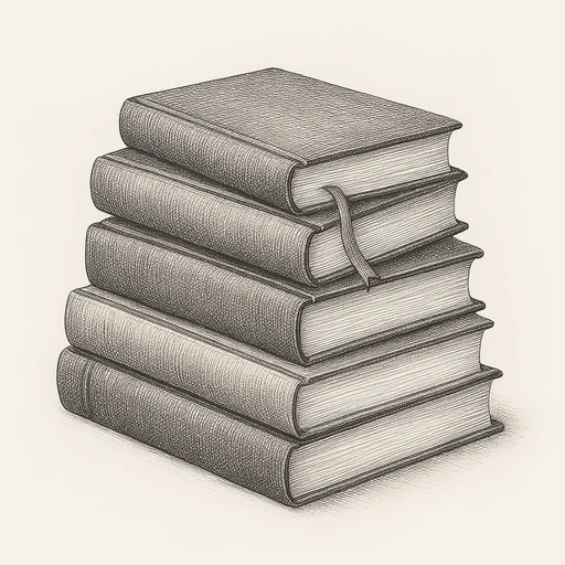 A stack of five books, a ribbon out of the third